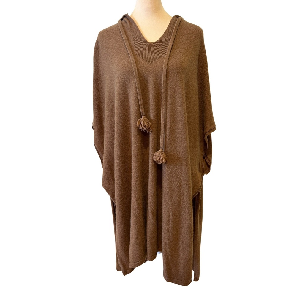 Nordstrom Cape OS Brown 100% Cashmere Hooded Tassel Kimono Old Money Equestrian